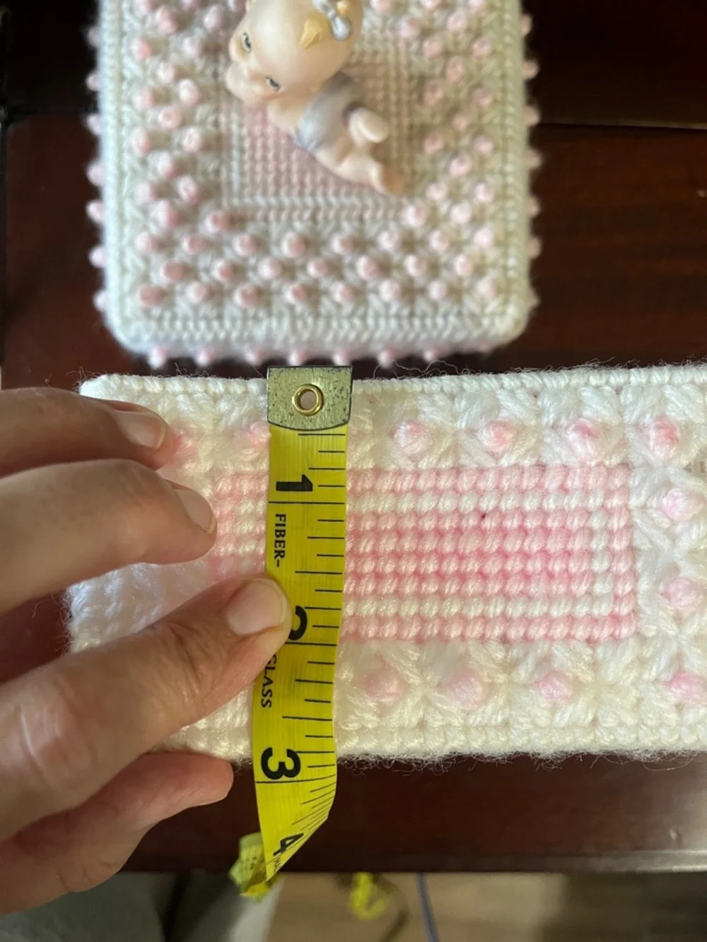 Cream and Pale Pink Crocheted Trinket Box with Ceramic Baby Topper